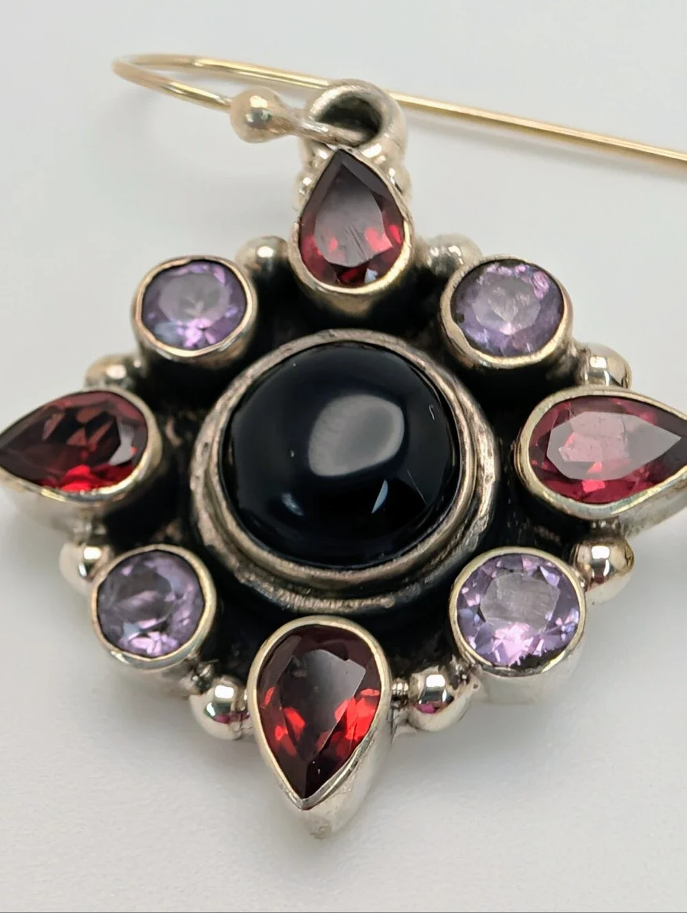Garnet Amethyst Black Onyx S925 Sterling Silver Cluster Dangle Earrings